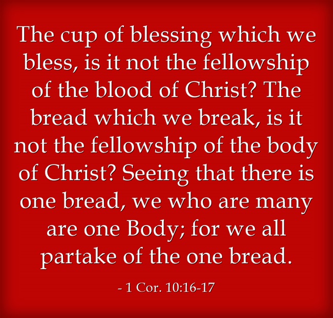 1 Cor. 10:16-17 The cup of blessing which we bless, is it not the fellowship of the blood of Christ? The bread which we break, is it not the fellowship of the body of Christ? Seeing that there is one bread, we who are many are one Body; for we all partake of the one bread.
