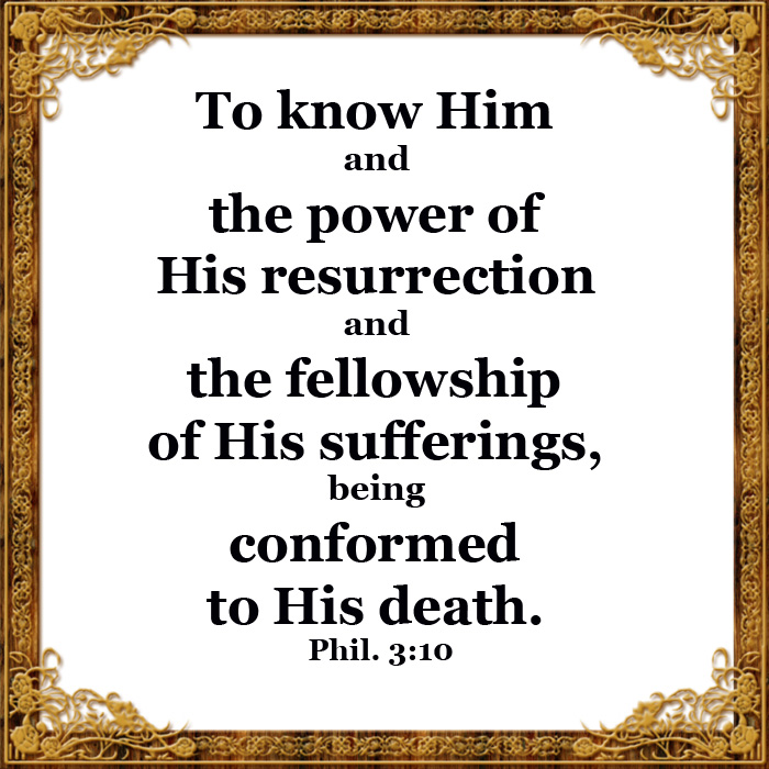 To know Him and the power of His resurrection and the fellowship of His sufferings, being conformed to His death. Phil. 3:10