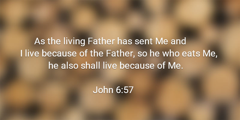 John 6:57 As the living Father has sent Me and I live because of the Father, so he who eats Me, he also shall live because of Me.