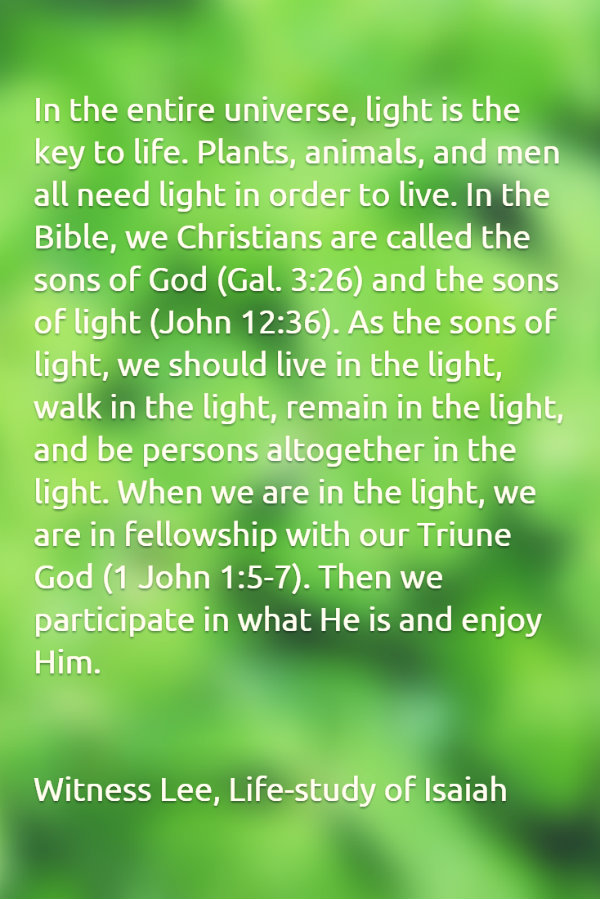 In the entire universe, light is the key to life. Plants, animals, and men all need light in order to live. In the Bible, we Christians are called the sons of God (Gal. 3:26) and the sons of light (John 12:36). As the sons of light, we should live in the light, walk in the light, remain in the light, and be persons altogether in the light. When we are in the light, we are in fellowship with our Triune God (1 John 1:5-7). Then we participate in what He is and enjoy Him. Witness Lee, Life-study of Isaiah
