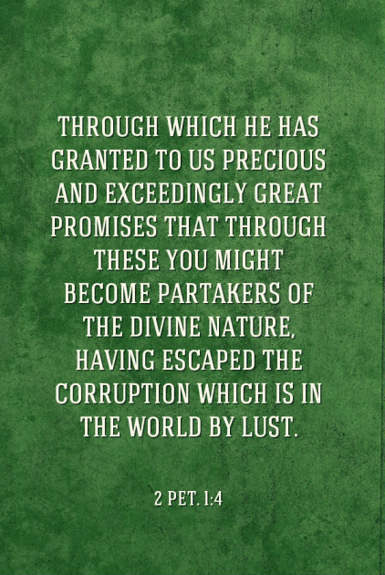 2 Pet. 1:4 Through which He has granted to us precious and exceedingly great promises that through these you might become partakers of the divine nature, having escaped the corruption which is in the world by lust.