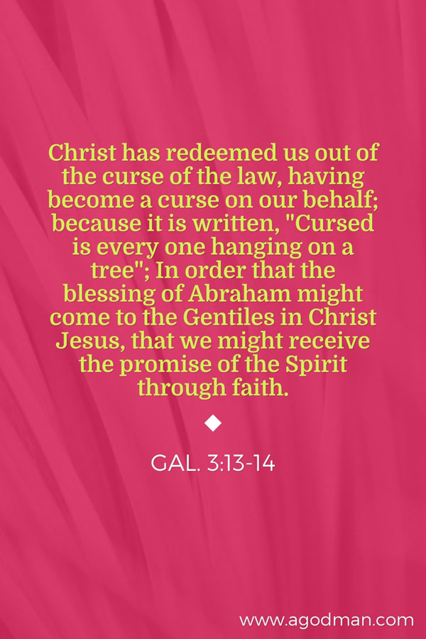 Gal. 3:13-14 Christ has redeemed us out of the curse of the law, having become a curse on our behalf; because it is written, "Cursed is every one hanging on a tree"; In order that the blessing of Abraham might come to the Gentiles in Christ Jesus, that we might receive the promise of the Spirit through faith.