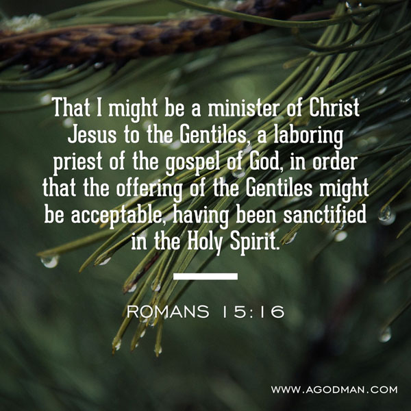 That I might be a minister of Christ Jesus to the Gentiles, a laboring priest of the gospel of God, in order that the offering of the Gentiles might be acceptable, having been sanctified in the Holy Spirit. Romans 15:16