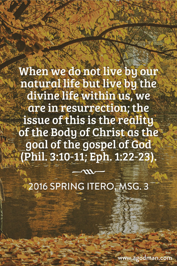 When we do not live by our natural life but live by the divine life within us, we are in resurrection; the issue of this is the reality of the Body of Christ as the goal of the gospel of God (Phil. 3:10-11; Eph. 1:22-23). 2016 Spring ITERO, msg. 3
