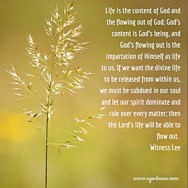 Life is the content of God and the flowing out of God; God’s content is God’s being, and God’s flowing out is the impartation of Himself as life to us. If we want the divine life to be released from within us, we must be subdued in our soul and let our spirit dominate and rule over every matter; then the Lord’s life will be able to flow out. Witness Lee