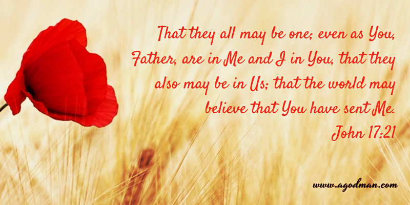 John 17:21 That they all may be one; even as You, Father, are in Me and I in You, that they also may be in Us; that the world may believe that You have sent Me.