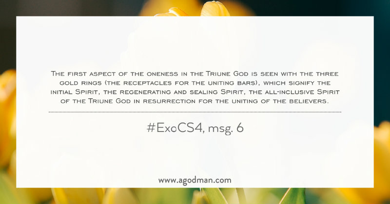 The first aspect of the oneness in the Triune God is seen with the three gold rings (the receptacles for the uniting bars), which signify the initial Spirit, the regenerating and sealing Spirit, the all-inclusive Spirit of the Triune God in resurrection for the uniting of the believers. #ExoCS4, msg. 6