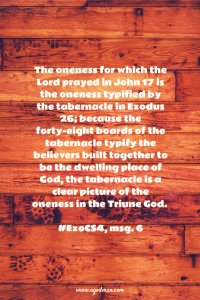 The oneness for which the Lord prayed in John 17 is the oneness typified by the tabernacle in Exodus 26; because the forty-eight boards of the tabernacle typify the believers built together to be the dwelling place of God, the tabernacle is a clear picture of the oneness in the Triune God. #ExoCS4, msg. 6