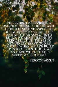 The priestly service is a work of being built up and of building. One aspect of our work is to be built up, and another aspect is to build. We are building by being built up; this is to genuinely serve God as priests. When we are built up into a priesthood, we can have work that is acceptable to God. #ExoCS4 msg. 5