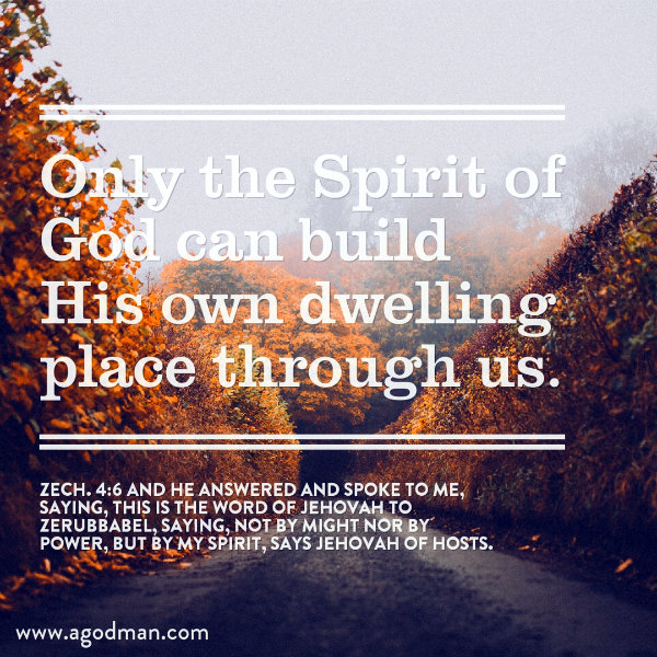 Only the Spirit of God can build His own dwelling place through us. Zech. 4:6 And he answered and spoke to me, saying, This is the word of Jehovah to Zerubbabel, saying, Not by might nor by power, but by My Spirit, says Jehovah of hosts.