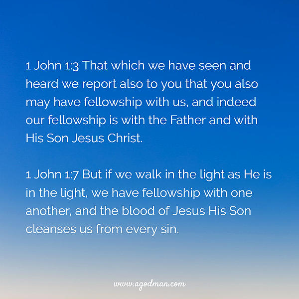1 John 1:3 That which we have seen and heard we report also to you that you also may have fellowship with us, and indeed our fellowship is with the Father and with His Son Jesus Christ. 1 John 1:7 But if we walk in the light as He is in the light, we have fellowship with one another, and the blood of Jesus His Son cleanses us from every sin.