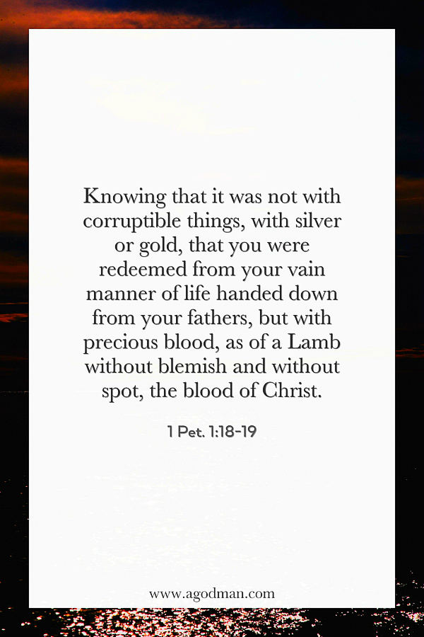 1 Pet. 1:18-19 Knowing that it was not with corruptible things, with silver or gold, that you were redeemed from your vain manner of life handed down from your fathers, but with precious blood, as of a Lamb without blemish and without spot, the blood of Christ.