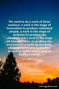We need to do a work of three sections: a work in the stage of incarnation to produce redeemed people, a work in the stage of inclusion to produce the churches, and a work in the stage of intensification to produce the overcomers to build up the Body, which consummates in the New Jerusalem as the unique goal of God’s economy. Witness Lee