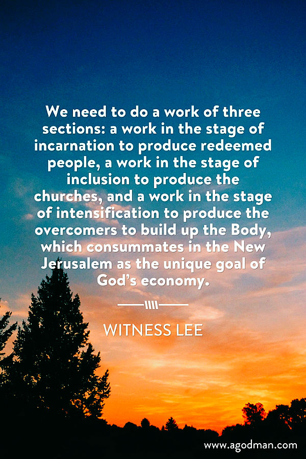 We need to do a work of three sections: a work in the stage of incarnation to produce redeemed people, a work in the stage of inclusion to produce the churches, and a work in the stage of intensification to produce the overcomers to build up the Body, which consummates in the New Jerusalem as the unique goal of God’s economy. Witness Lee