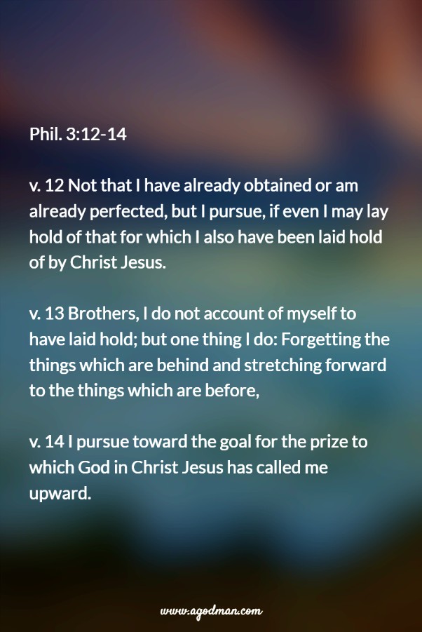 Phil. 3:12-14 v. 12 Not that I have already obtained or am already perfected, but I pursue, if even I may lay hold of that for which I also have been laid hold of by Christ Jesus. v. 13 Brothers, I do not account of myself to have laid hold; but one thing I do: Forgetting the things which are behind and stretching forward to the things which are before, v. 14 I pursue toward the goal for the prize to which God in Christ Jesus has called me upward.
