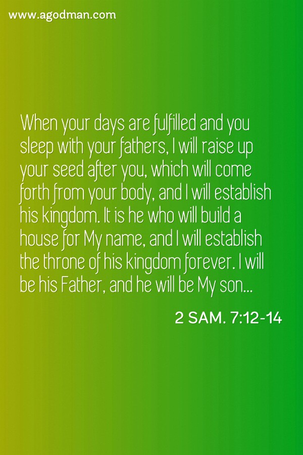 2 Sam. 7:12-14 When your days are fulfilled and you sleep with your fathers, I will raise up your seed after you, which will come forth from your body, and I will establish his kingdom. It is he who will build a house for My name, and I will establish the throne of his kingdom forever. I will be his Father, and he will be My son...