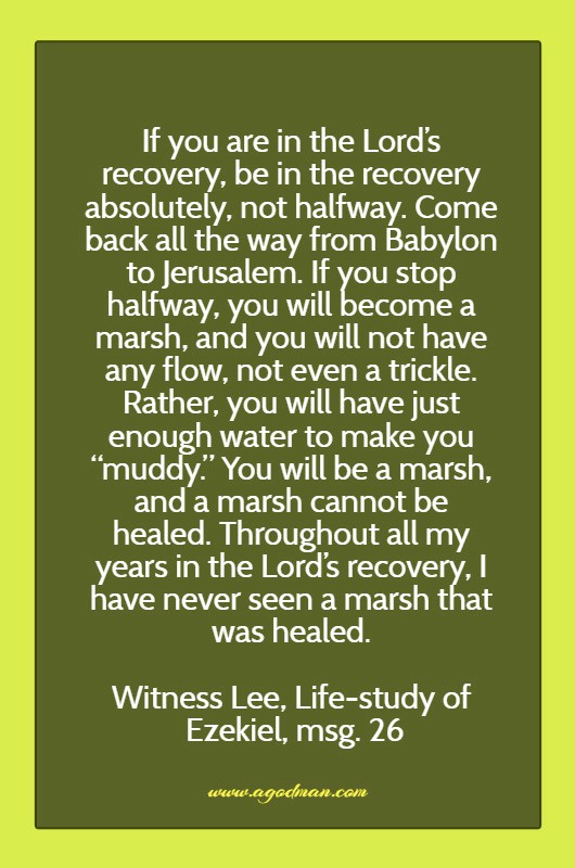 If you are in the Lord’s recovery, be in the recovery absolutely, not halfway. Come back all the way from Babylon to Jerusalem. If you stop halfway, you will become a marsh, and you will not have any flow, not even a trickle. Rather, you will have just enough water to make you “muddy.” You will be a marsh, and a marsh cannot be healed. Throughout all my years in the Lord’s recovery, I have never seen a marsh that was healed. Witness Lee, Life-study of Ezekiel, msg. 26
