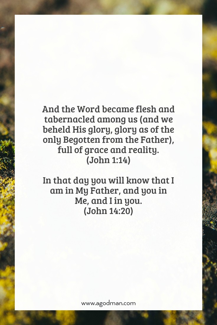 John 1:14 And the Word became flesh and tabernacled among us (and we beheld His glory, glory as of the only Begotten from the Father), full of grace and reality. John 14:20 In that day you will know that I am in My Father, and you in Me, and I in you.