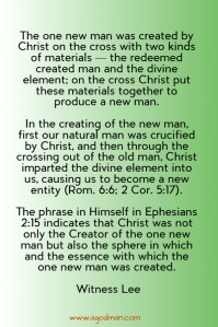 The one new man was created by Christ on the cross with two kinds of materials — the redeemed created man and the divine element; on the cross Christ put these materials together to produce a new man. In the creating of the new man, first our natural man was crucified by Christ, and then through the crossing out of the old man, Christ imparted the divine element into us, causing us to become a new entity (Rom. 6:6; 2 Cor. 5:17). The phrase in Himself in Ephesians 2:15 indicates that Christ was not only the Creator of the one new man but also the sphere in which and the essence with which the one new man was created. Witness Lee
