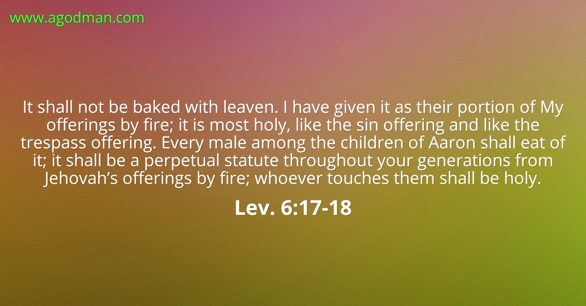 Lev. 6:17-18 It shall not be baked with leaven. I have given it as their portion of My offerings by fire; it is most holy, like the sin offering and like the trespass offering. Every male among the children of Aaron shall eat of it; it shall be a perpetual statute throughout your generations from Jehovah’s offerings by fire; whoever touches them shall be holy.