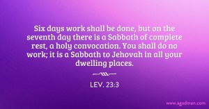 Lev. 23:3 Six days work shall be done, but on the seventh day there is a Sabbath of complete rest, a holy convocation. You shall do no work; it is a Sabbath to Jehovah in all your dwelling places.