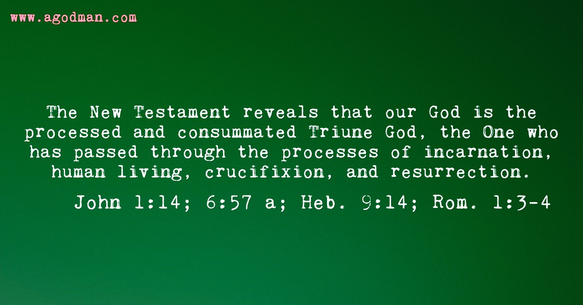 The New Testament reveals that our God is the processed and consummated Triune God, the One who has passed through the processes of incarnation, human living, crucifixion, and resurrection - John 1:14; 6:57 a; Heb. 9:14; Rom. 1:3-4.