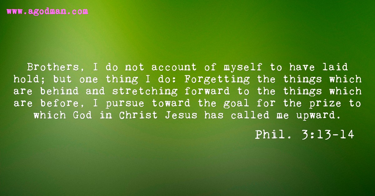 Phil. 3:13-14 Brothers, I do not account of myself to have laid hold; but one thing I do: Forgetting the things which are behind and stretching forward to the things which are before, I pursue toward the goal for the prize to which God in Christ Jesus has called me upward.