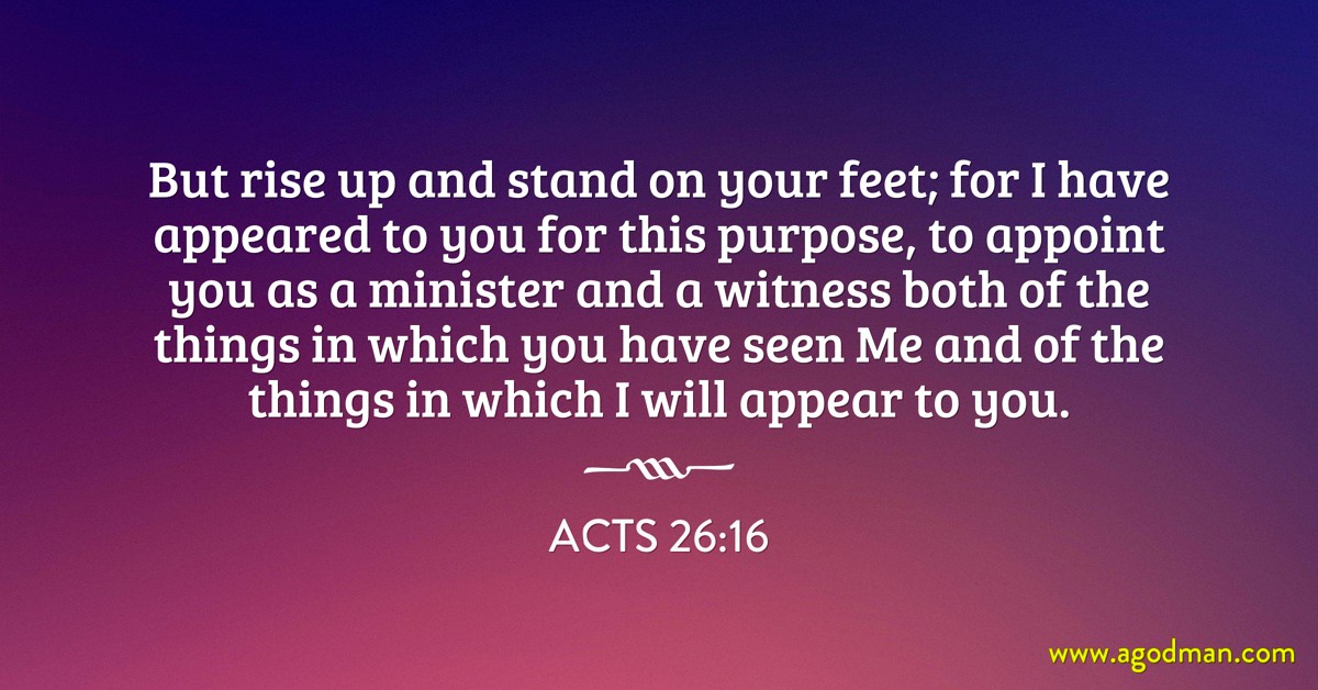 Acts 26:16 But rise up and stand on your feet; for I have appeared to you for this purpose, to appoint you as a minister and a witness both of the things in which you have seen Me and of the things in which I will appear to you.