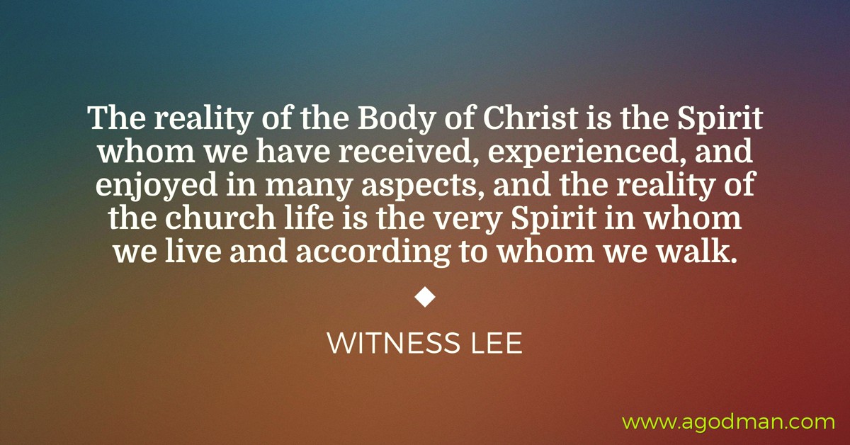 The reality of the Body of Christ is the Spirit whom we have received, experienced, and enjoyed in many aspects, and the reality of the church life is the very Spirit in whom we live and according to whom we walk. Witness Lee