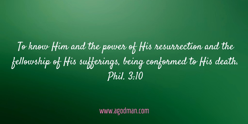 Phil. 3:10 To know Him and the power of His resurrection and the fellowship of His sufferings, being conformed to His death.