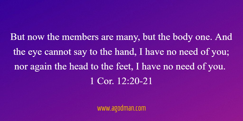 But now the members are many, but the body one. And the eye cannot say to the hand, I have no need of you; nor again the head to the feet, I have no need of you. 1 Cor. 12:20-21