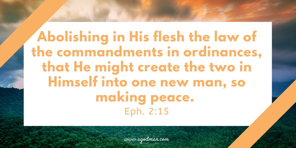 Abolishing in His flesh the law of the commandments in ordinances, that He might create the two in Himself into one new man, so making peace. Eph. 2:15