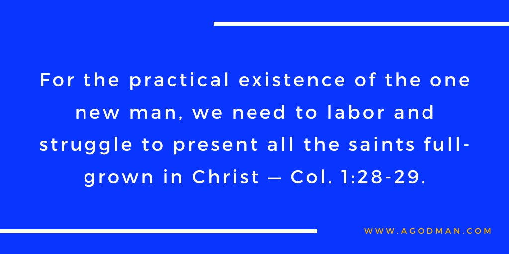 For the practical existence of the one new man, we need to labor and struggle to present all the saints full-grown in Christ — Col. 1:28-29.