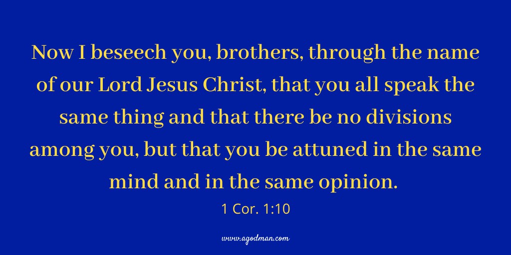 Now I beseech you, brothers, through the name of our Lord Jesus Christ, that you all speak the same thing and that there be no divisions among you, but that you be attuned in the same mind and in the same opinion. 1 Cor. 1:10