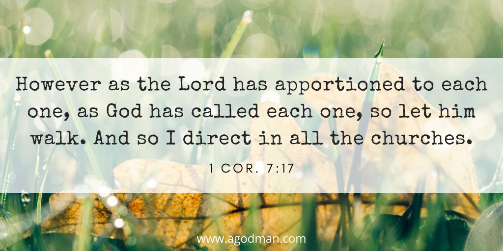 However as the Lord has apportioned to each one, as God has called each one, so let him walk. And so I direct in all the churches. 1 Cor. 7:17