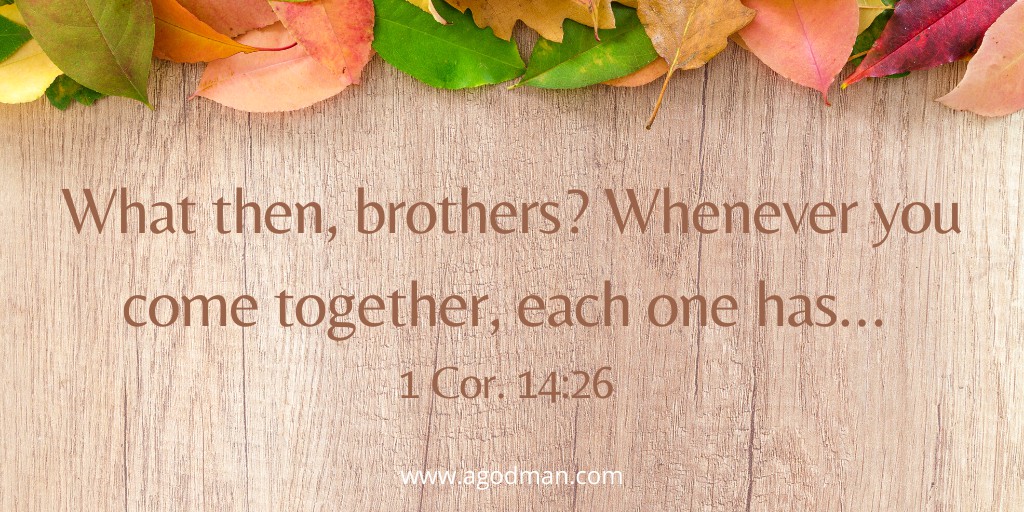 What then, brothers? Whenever you come together, each one has… 1 Cor. 14:26