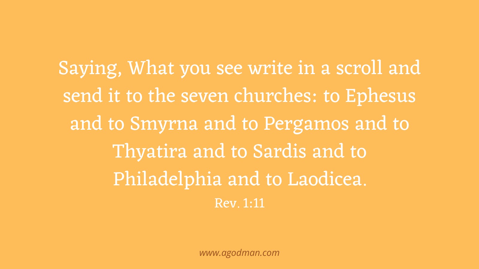 Saying, What you see write in a scroll and send it to the seven churches: to Ephesus and to Smyrna and to Pergamos and to Thyatira and to Sardis and to Philadelphia and to Laodicea. Rev. 1:11