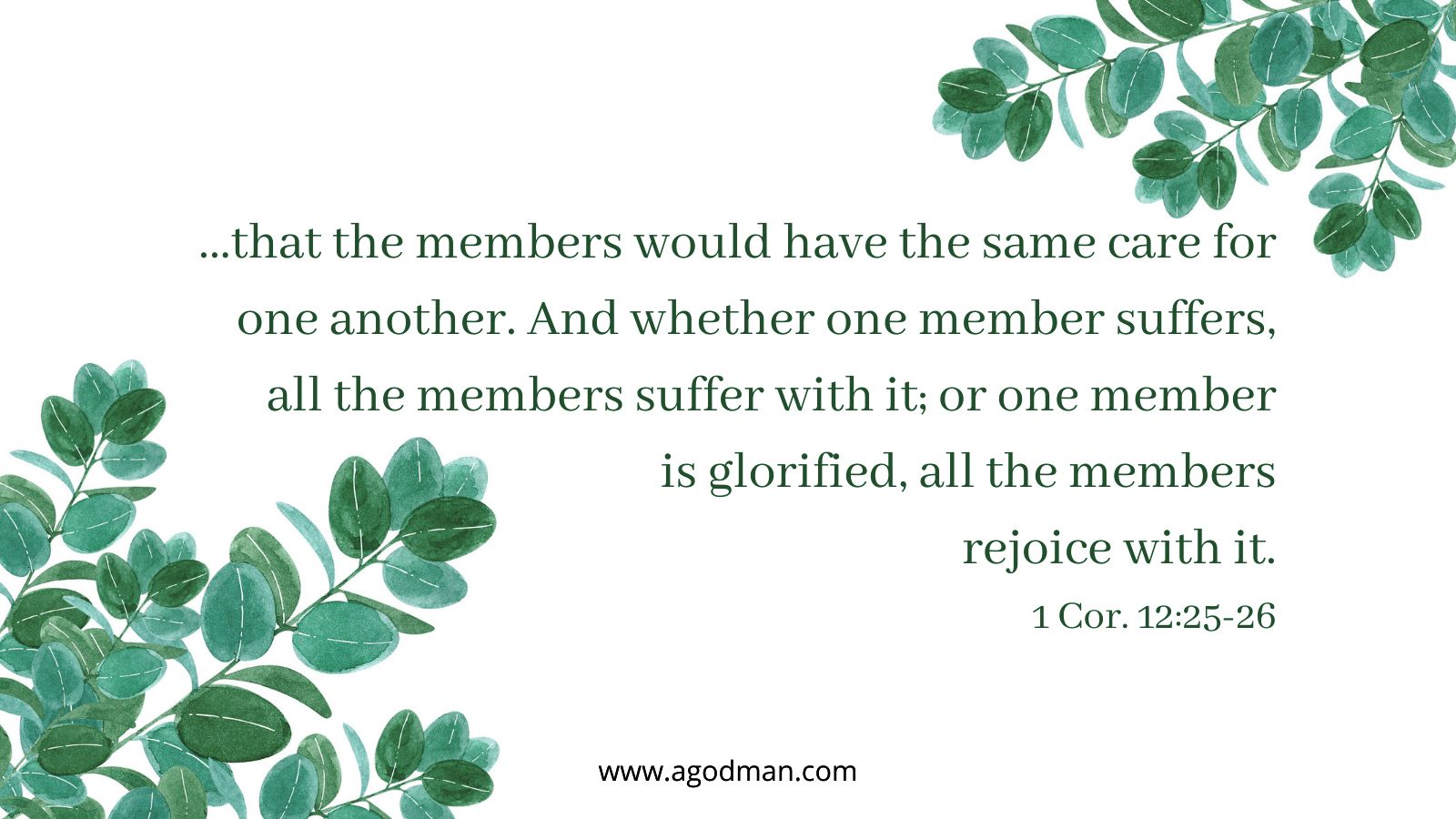 ...that the members would have the same care for one another. And whether one member suffers, all the members suffer with it; or one member is glorified, all the members rejoice with it. 1 Cor. 12:25-26