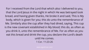 For I received from the Lord that which also I delivered to you, that the Lord Jesus in the night in which He was betrayed took bread, and having given thanks, He broke it and said, This is My body, which is given for you; this do unto the remembrance of Me. Similarly also the cup after they had dined, saying, This cup is the new covenant established in My blood; this do, as often as you drink it, unto the remembrance of Me. For as often as you eat this bread and drink the cup, you declare the Lord’s death until He comes. 1 Cor. 11:23-26