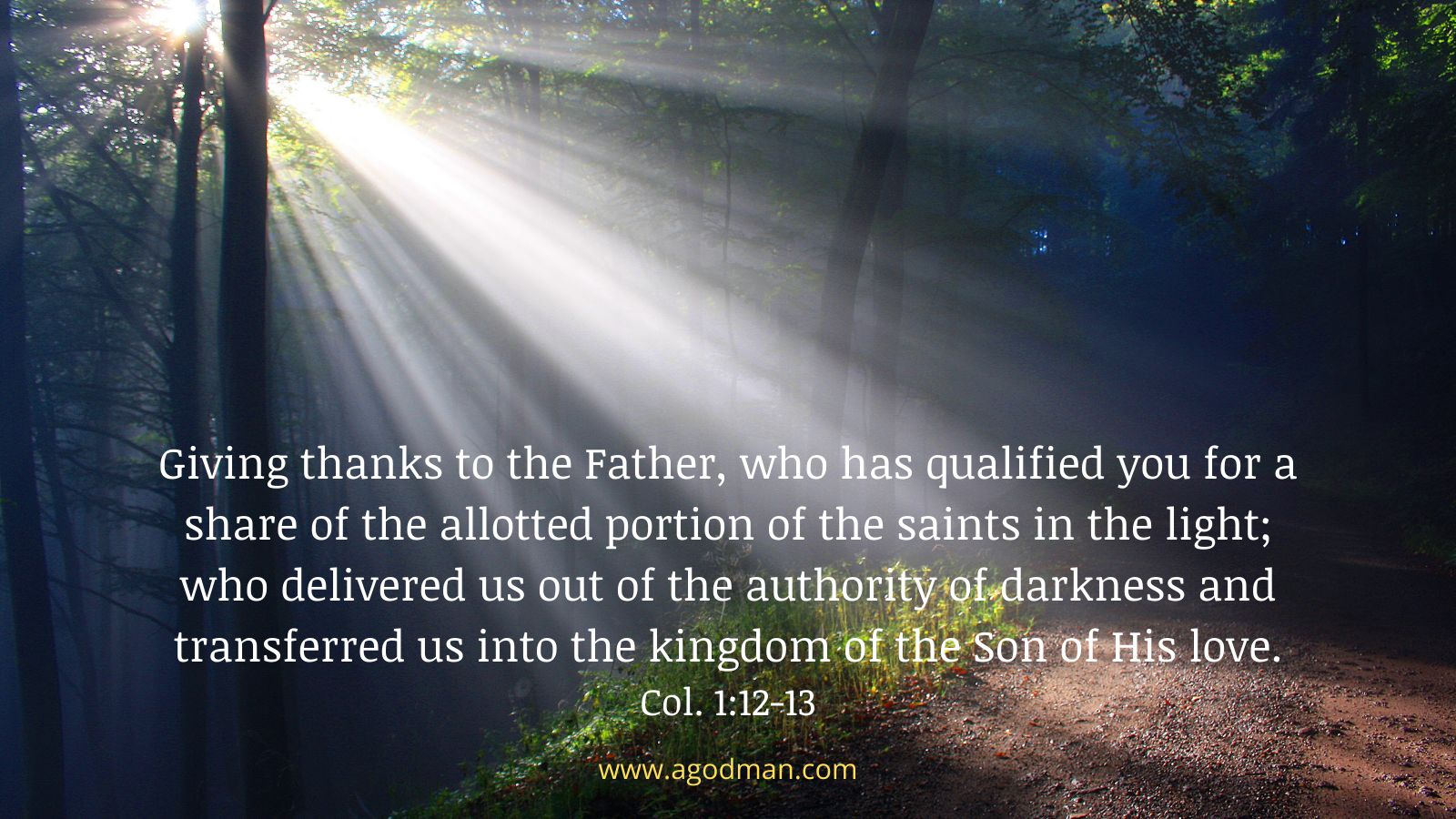 Giving thanks to the Father, who has qualified you for a share of the allotted portion of the saints in the light; who delivered us out of the authority of darkness and transferred us into the kingdom of the Son of His love. Col. 1:12-13