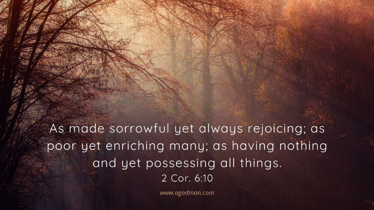 As made sorrowful yet always rejoicing; as poor yet enriching many; as having nothing and yet possessing all things. 2 Cor. 6:10