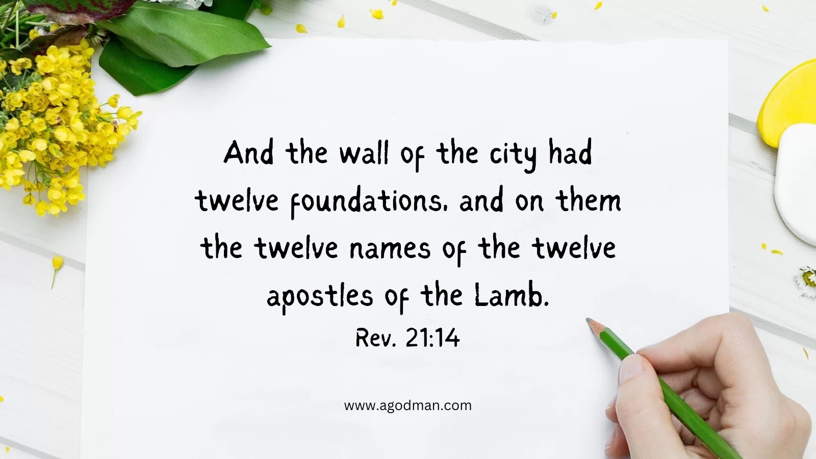 And the wall of the city had twelve foundations, and on them the twelve names of the twelve apostles of the Lamb. Rev. 21:14