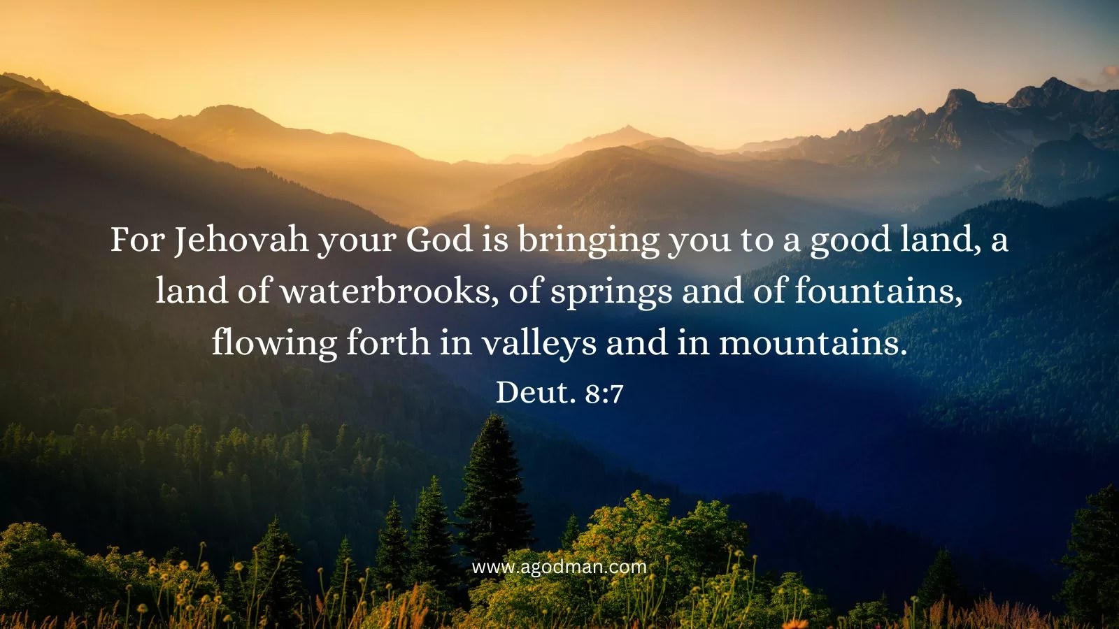 For Jehovah your God is bringing you to a good land, a land of waterbrooks, of springs and of fountains, flowing forth in valleys and in mountains. Deut. 8:7