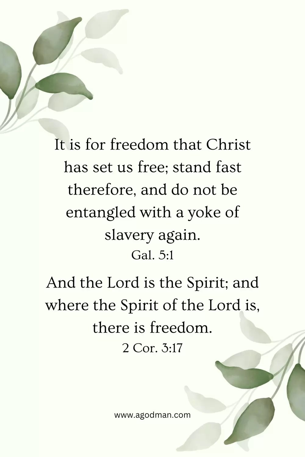 It is for freedom that Christ has set us free; stand fast therefore, and do not be entangled with a yoke of slavery again. Gal. 5:1 And the Lord is the Spirit; and where the Spirit of the Lord is, there is freedom. 2 Cor. 3:17