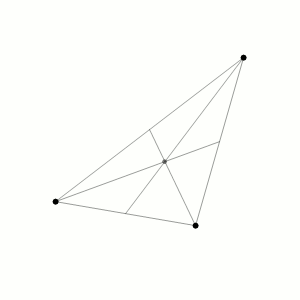 A gif that shows the approximate trajectories of three identical bodies located at the vertices of a scalene triangle and having zero initial velocities.