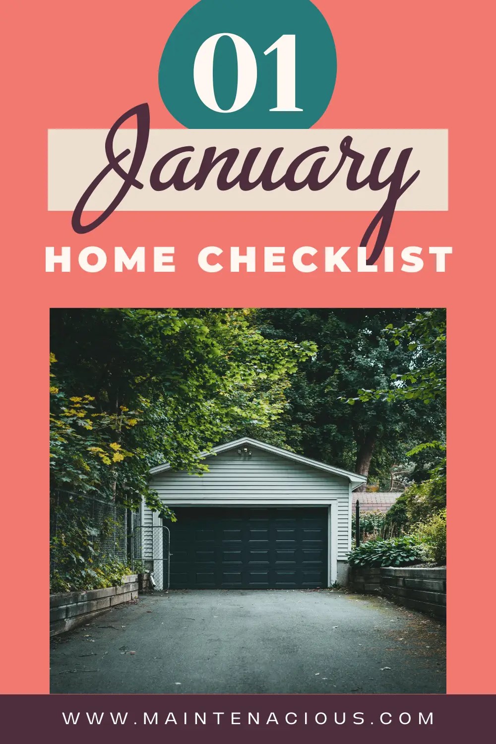It says 01, January Home Checklist and has a picture of a garage