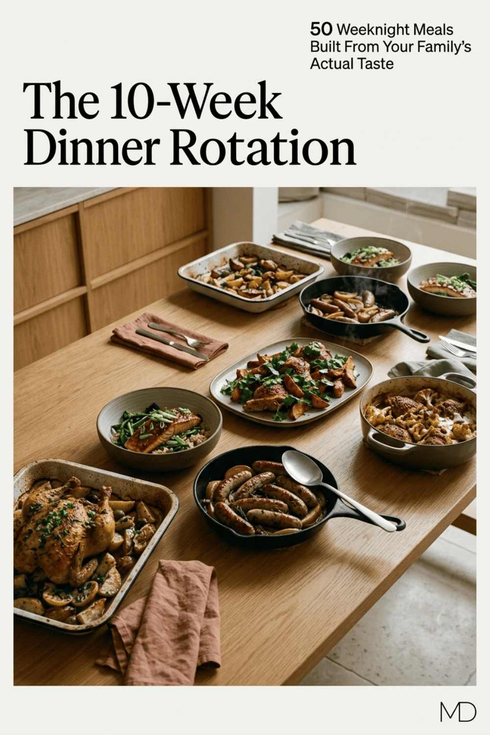 Overhead editorial photograph of a warm oak table filled with five family-style weeknight dinners representing olive and lemon, soy and ginger, chilli and lime, butter and herb, and warm spice and yogurt flavour families, with the title The 10-Week Dinner Rotation.