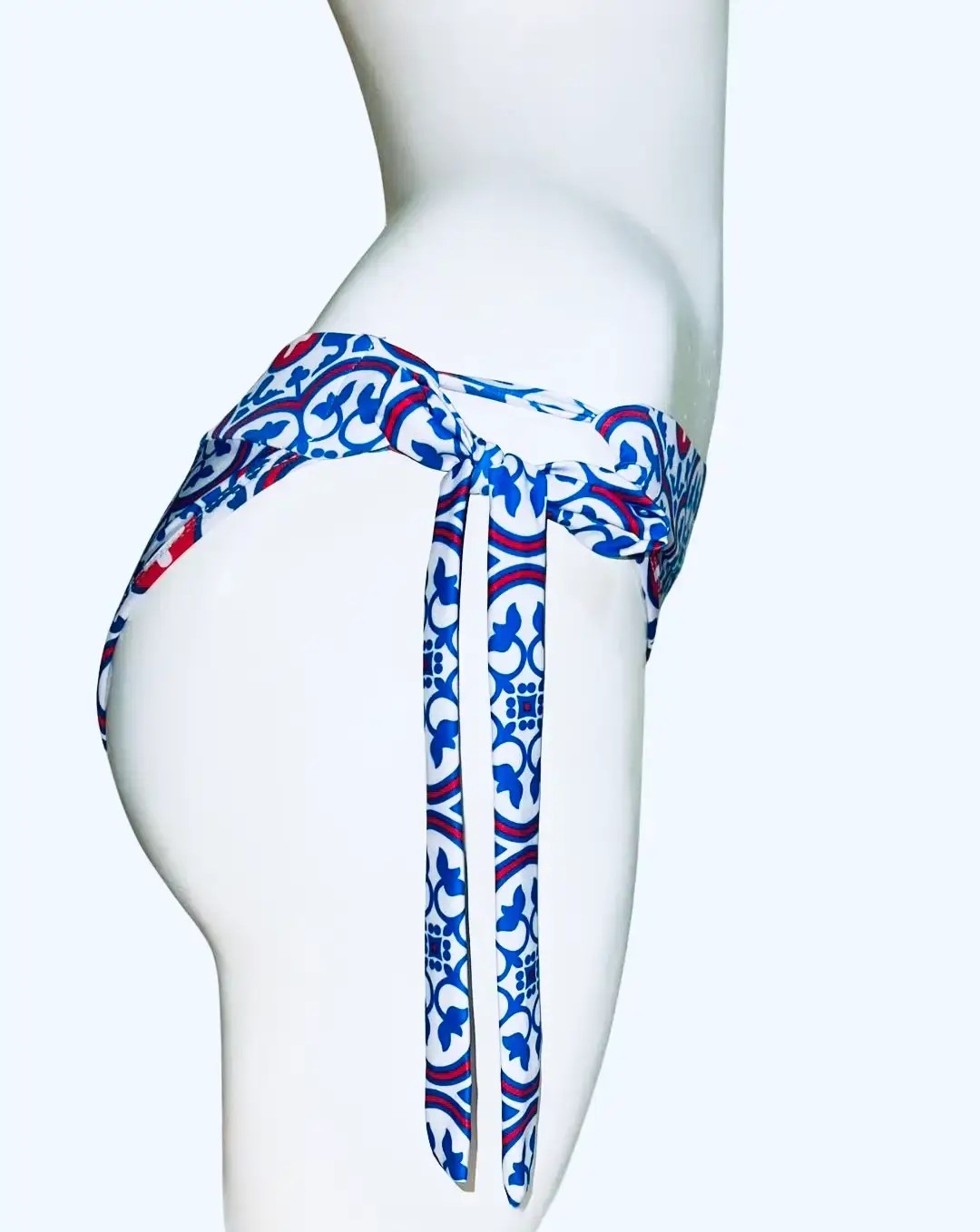 VIVIAN HIGH WAISTED BIKINI BOTTOM WITH TASSELS FRONT DETAIL IN MEMORIA HEIGHTS TILE PRINT - Image 3