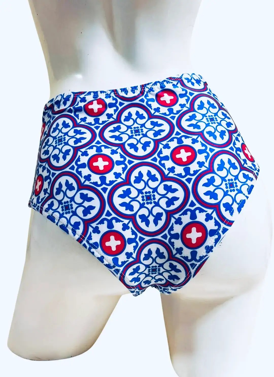 ADELINE HIGH WAISTED BIKINI BOTTOM WITH TASSELS FRONT DETAIL IN MEMORIA HEIGHTS TILE PRINT - Image 2