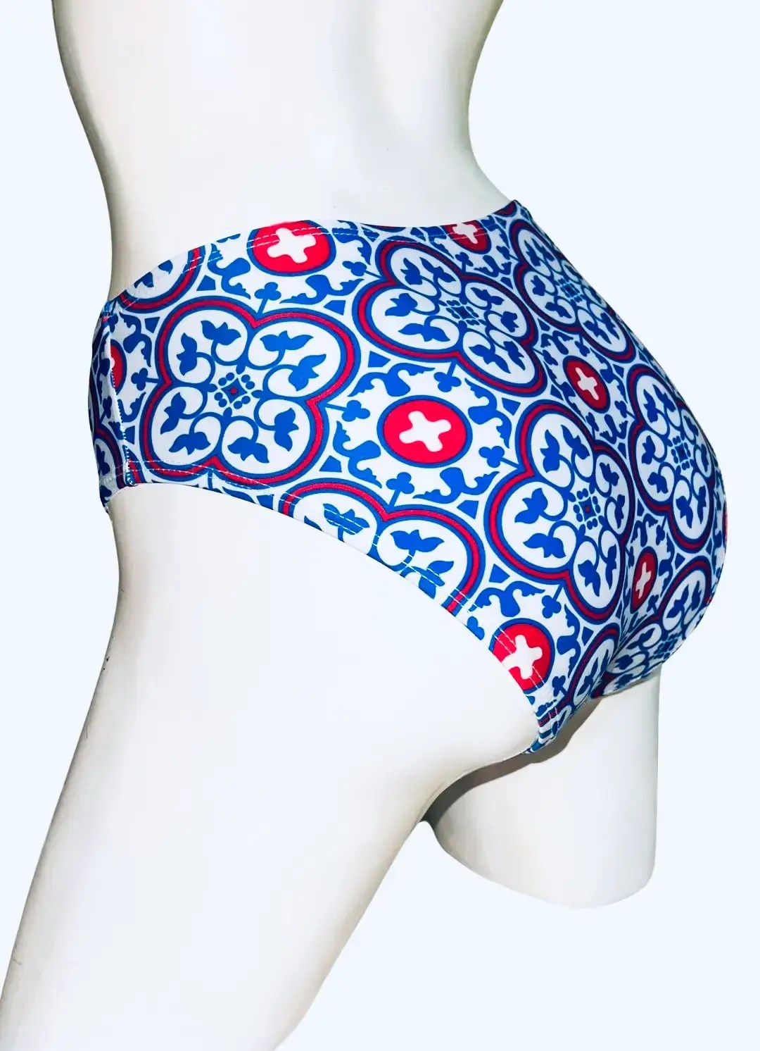 ADELINE HIGH WAISTED BIKINI BOTTOM WITH TASSELS FRONT DETAIL IN MEMORIA HEIGHTS TILE PRINT - Image 3